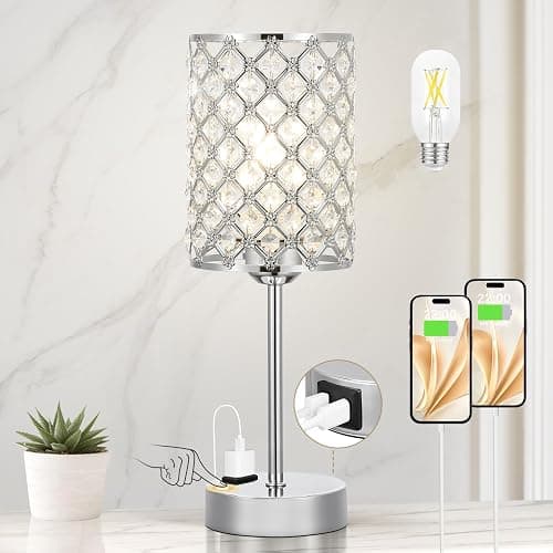 Hong-in Crystal Table Lamp, Crystal Lamp Touch Control with USB-C USB-A Charging Ports & AC Outlets, 3 Way Dimmable Bedside Lamp-Nightstand Lamp Modern Light for Bedroom, Living Room, Bulb Included - Image 1