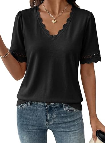 Dokotoo Womens Summer Tops Short Sleeve V Neck Lace Eyelet Casual Shirt | Scallop V-Neck,Business Casual Outfits,Loose Fit,Elegant Clothes,Lightweight,Solid,Comfy,Cute,Office,Travel - Image 1