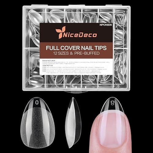 Nicedeco XS Short Almond Nail Tips, Press on Nails, Clear Full Cover Natural False Nails Gel X Nails for Extensions, Acrylic Nails, Resin Clear Strong False Nails 12 Sizes 216PCS - Image 1
