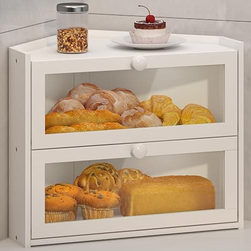 JANSNIMEN Corner Bread Box for Kitchen Countertop, Large Bread Container Storage Bamboo Wooden Farmhouse Bread Box with Window Bread Holder (White) - Image 1