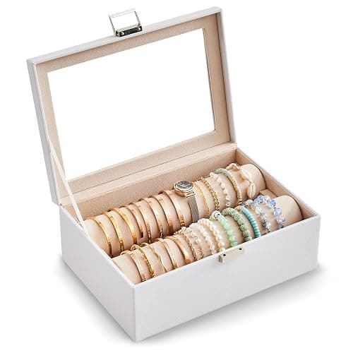Lolalet Bracelet Display Holder with Rods for Bangles Watches, Clear Lid Jewelry Organizer Box Storage Case for Women Girls -White - Image 1