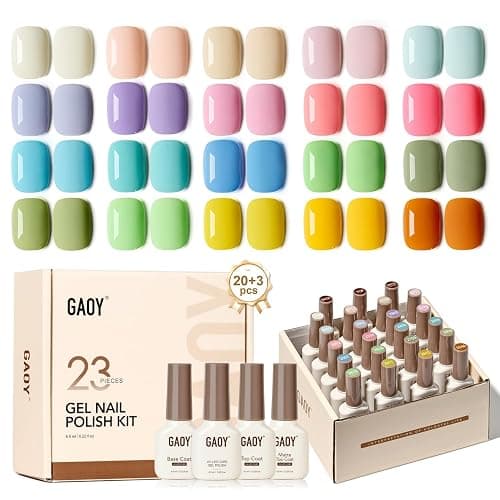 GAOY 23 Pcs Gel Nail Polish Kit, Pastel Macaron Colors Bright Pink Green Yellow Blue Popular Colors UV Gel Nail Polish Set with Glossy & Matte Top Coat and Base Coat for Nail Art DIY Gel Nail Kit - Image 1