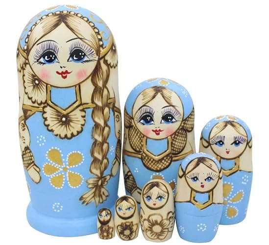 Winterworm® Cute Little Girl with Big Braid Handmade Matryoshka Wishing Dolls Russian Nesting Dolls Set 7 Pieces Wooden Kids Gifts Toy Home Decoration Sky Blue - Image 1