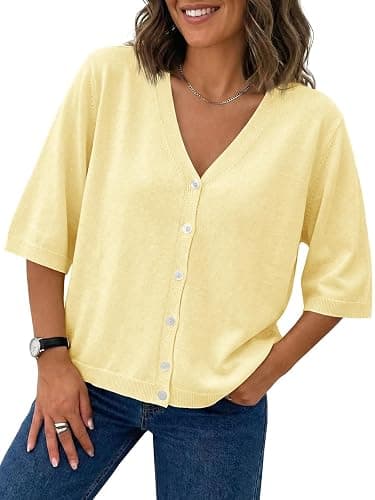 Saodimallsu Womens Half Short Sleeve Cardigans Lightweight V Neck Sweater | Summer Cardigans, Half Short Sleeve, Lightweight Knit, V Neck, Button Down, Casual Sweater Tops - Image 1