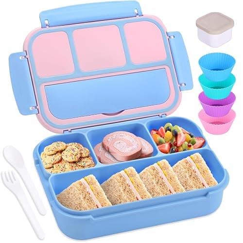 shell and turtle Bento Box Adult Lunch Box, Lunch Containers for Kids Girls Boys with 4 Compartments, Lunchable Food Container with Utensils, Sauce Jar, Muffin Liners, 40 Oz/5 Cup, Blue Pink - Image 1
