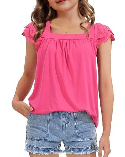 KEREDA Girls Short Sleeve Shirts Summer Tunic Tops Lace Openwork Ruffled Girls Cute Square Neck Clothes Blouse 5-14 Years - Image 1