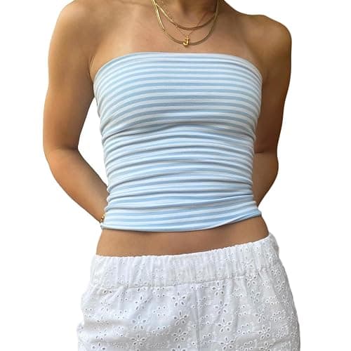 Geagodelia Women's Bandeau Top Sexy Tube Top Ladies Strapless Vest Crop Top Y2K Fashion Aesthetic Clothes Summer Outfit Going Out Backless Tops Streetwear - Blue Striped - S - Image 1