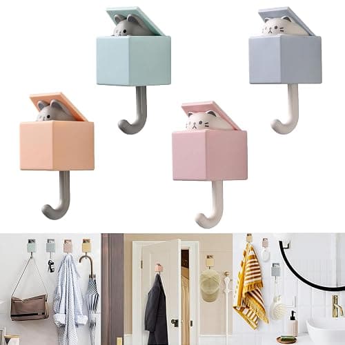 FUZSKWID 4Pcs Creative Adhesive Wall Hook for Wall and Door,Utility Heavy Duty Coat Hooks Wall Mount for Coat, Scarf, Hat, Towel,Robes,Key, Bag,Cute Pet Cat Hook,Kawaii Room Decorative Wall Hooks - Image 1