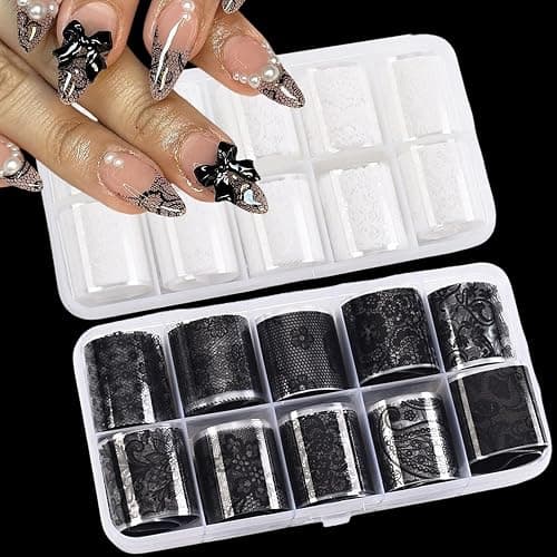 BAOYAALIN 20 Rolls Lace Nail Foil Sheets, 2 Boxes Black and White Flower Nail Foils Transfer Nail Art Decals, Holographic Stickers for DIY Acrylic Nails Manicure Wraps Decoration - Image 1