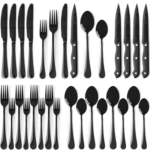 Astercook 24-Piece Black Silverware Set with Steak Knives Flatware Set for 4 Food-Grade Stainless Steel Cutlery Set Mirror Polished Utensils Set Include Spoons and Forks for Home Kitchen Restaurant - 24 PCS - Elegant Black Pro - Image 1