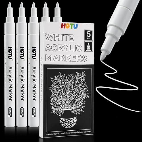 HOTU White Paint Markers Pens, 5 PCS Extra Fine Tip 0.7mm White Permanent Marker for Highlights and Fine Details on Drawings, Rock Painting, Ceramic,Metal,Glass Fabric,Plastic, Wood - Image 1
