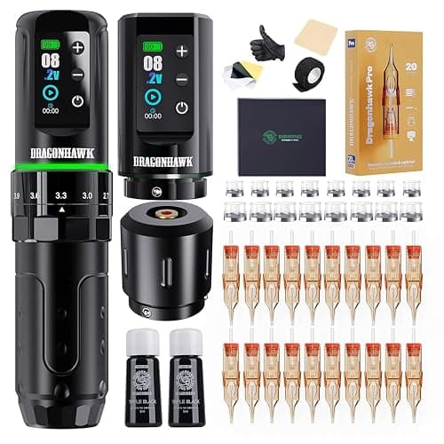 Dragonhawk L3 Tattoo Kit, Cordless/Cord Complete Tattoo Gun Kit Pen Machine, 7 Strokes Length, 2 Batteries 2,000mAh Power Supply with Extra Battery Rca Jack Part, Pro Tattoo Needles for Beginner - Image 1