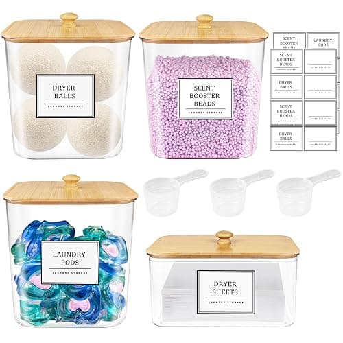 3+1 Pack Laundry Pods Container,Clear Laundry Room Organization Containers,Large Laundry Detergent Powder Storage Containers with Wooden Lids & Labels,Laundry Pods Holder for Scent Booster,Powder,Pods - 3+1 Pack - Image 1