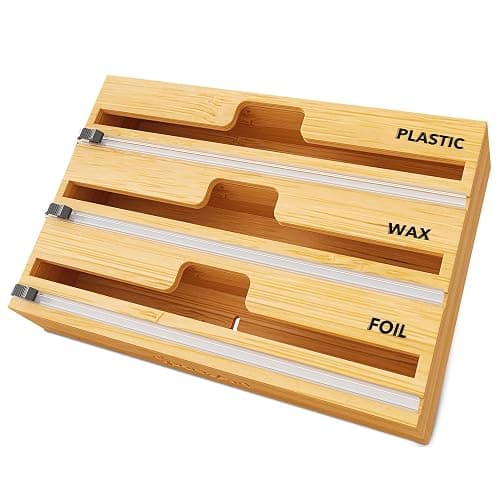 SpaceAid WrapNeat 3 in 1 Wrap Organizer with Cutter and Labels, Plastic Wrap, Aluminum Foil and Wax Bamboo Dispenser for Kitchen Storage Organization Holder for 12" Roll (Natural) - Image 1