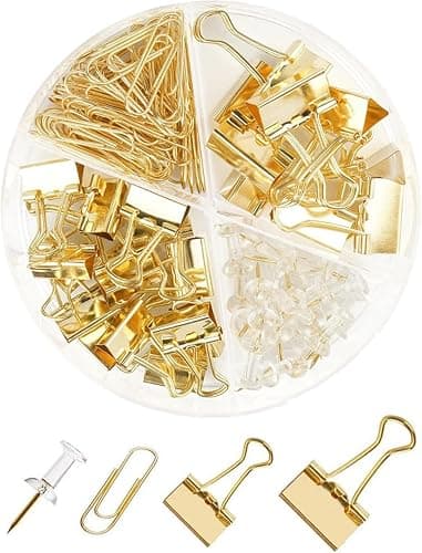 Creechwa Paper Binder and Clips Set, Metal Assorted Sized Binders with Push Pins, Cute Office Supplies, Teacher Desk Must Haves, Cute Desk Accessories - Image 1