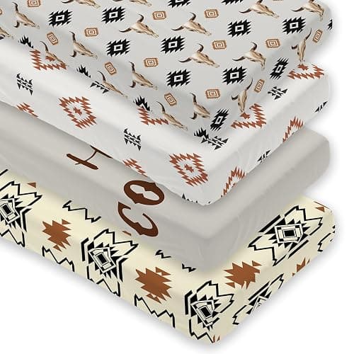4 Pack Western Crib Set for Baby Boys, Soft Breathable Fitted Crib Sheet 28 x 52 in, Aztec Cowboy Nursery Decor for Standard Crib and Toddler Bed Mattresses - Image 1