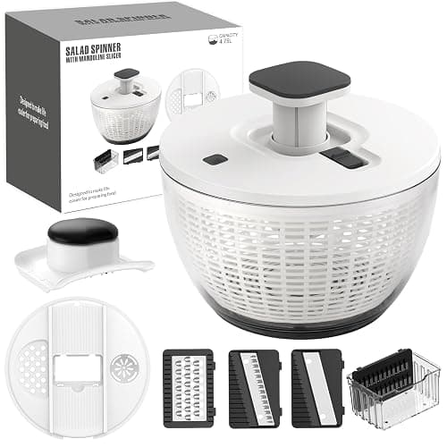 Salad Spinner Large, Lettuce Spinner, Fruits and Vegetables Washer with 4 Blades Slicer, One-handed Easy Press Large Vegetable Dryer Salad Mixer, 5 Quart Capacity, Grey - Image 1