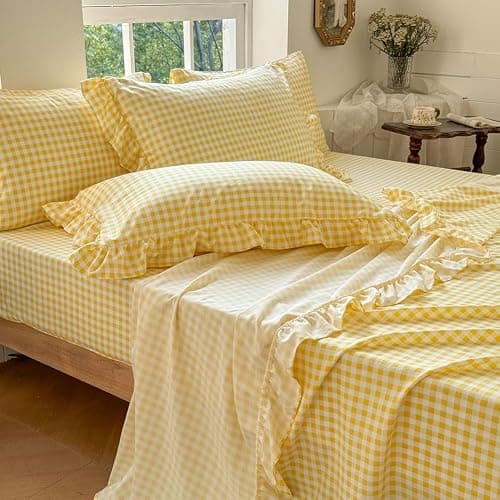 NSNLGSGC Yellow Gingham Ruffle Full Sheet Set, Yellow Soft Pre-Washed Microfiber Plaid Full Bed Sheets, 4-Pieces Farmhouse Sheet Set with Deep Pocket - Yellow Gingham - Full - Image 1