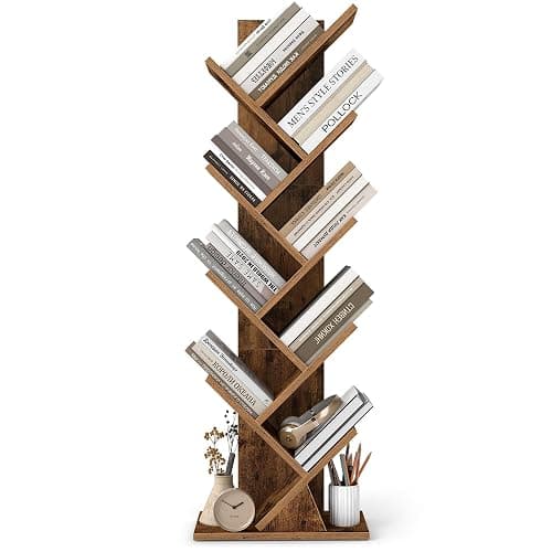 VASAGLE Tree Bookshelf, 9 Tiers, 15 x 7.9 x 45.4 Inches | Tree Shelf, Floor Standing Book Shelf, for Bedroom, Living Room, Rustic Brown, CUSTOS Collection ULBC609KD01 - Image 1