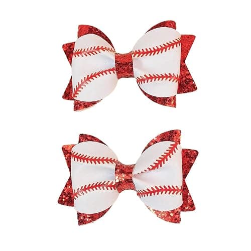 Danyarts 2PCS Baseball Hair Bow Clips for Girls, Game Day Baseball Bows | 2 red glitter baseball bow clips with alligator clips for girls, for game day, softball, team spirit and sports events. - Image 1