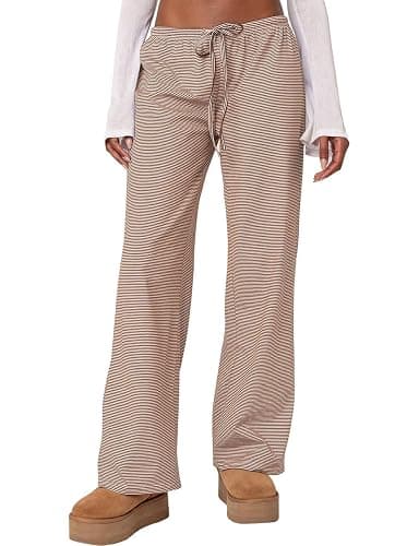 Ugerlov Women's Wide Leg Striped Pants Casual Drawstring Elastic Low Rise Pajama Pants Lounge Wear Trousers - Brown - Small - Image 1