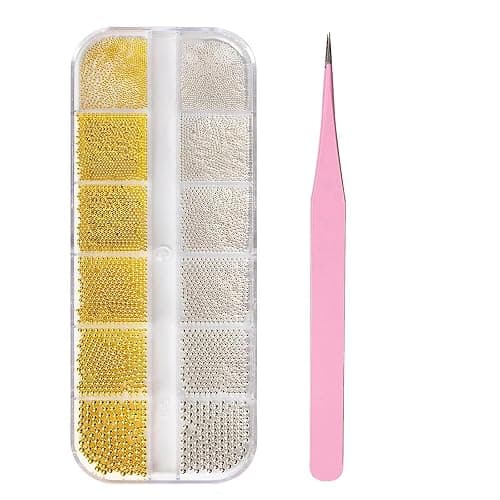 6 Größen Nagelperlen, Perlen Nail Art Charm Kaviarperlen für Nägel Mini Nägel Perlens mit Pinzette und Aufbewahrungsboxen Nagel Deko Perlen Gold Silber Nagel Charms für Nagelkunstzubehör DIY - Image 1