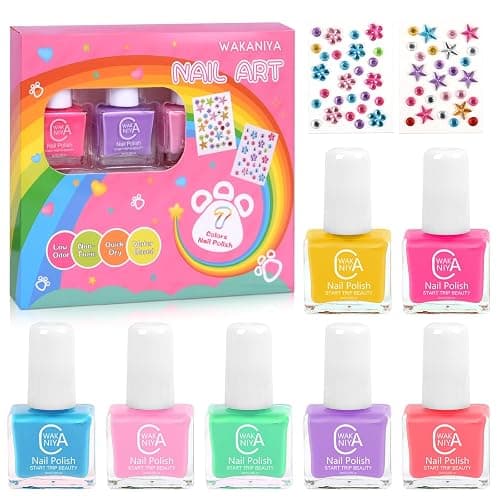 wakaniya Kids Non Toxic Nail Polish Set for Girls with Gems Nail Stickers, 7 Color Peel-Off Low Odor Nail Polish for Toddler - Image 1