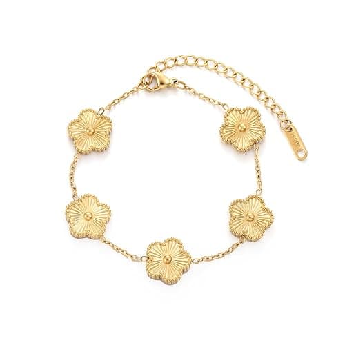 TICVSS Four Leaf Clover Bracelet for Women 18K Gold Plated Stainless Steel Lucky 4 Leaf Gold Link Bracelet Jewelry Gift for Women - Image 1