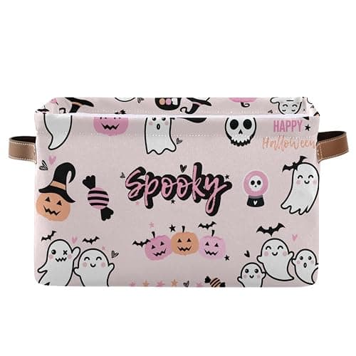 Sletend Foldable Canvas Storage Basket with Handles Halloween Cartoon Ghost Durable Storage Bin Organizer for Nursery Kids Shelves Desks Printed Canvas Storage Basket - 1PCS - Halloween Cartoon Ghost - Image 1
