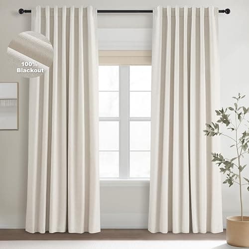 Topfinel Cream Linen Blackout Curtains 84 Inch Long for Bedroom Living Room, Ivory Pinch Pleat Back Tab Full Blackout Drapes Farmhouse Boho Curtains for Window, White Neutral Curtains 52" X 84" 7 FT - Image 1