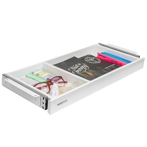 Mount-It! Under Desk Storage Drawer - Shallow Under Desk Drawer Organizer - Standing Workstation Storage Attachment - 20.7" Width Under Table Counter Pull Out Compartment - White - Image 1