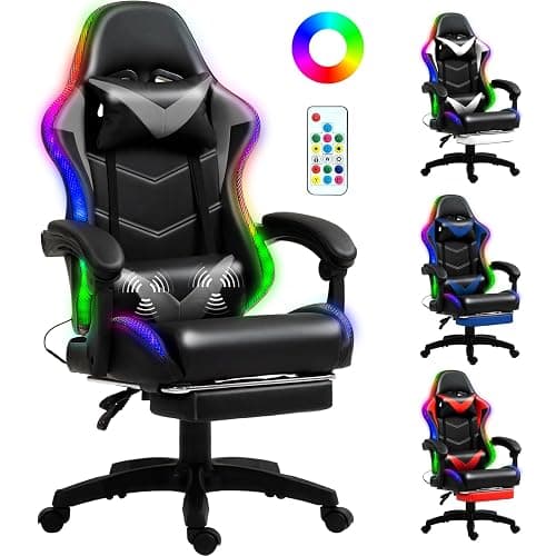 Czlolo Gaming Chair, Racing Style RGB LED Lights Gaming Chairs for Adults and Kids, Lumbar Massager Gamer Chair, High Back Reclining Computer Chair with Footrest and Headrest (Black/Gray) - Image 1