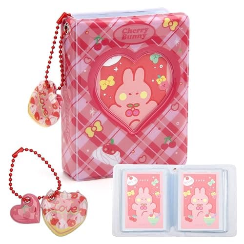 Mini Kpop Photocard Holder Book, Windspeed 3 Inch Love Heart Hollow Photocard ID Holder Twice Photocard Binder 40 Pockets with Rabbit Card, Heart-Shape Pendant (1) - Image 1