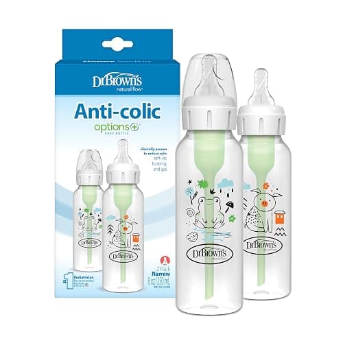 Dr. Brown's Natural Flow Anti-Colic Options+ Narrow Baby Bottle, Pig & Frog, 8 oz/250 mL, with Level 1 Slow Flow Nipple, BPA Free, 0m+, 2-Pack - Image 1