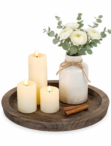 Hanobe Round Wooden Candle Holder Trays for Coffee Table, Distressed Finish | 11.2" Rustic Decorative Candlestick Plates for Kitchen Centerpiece, Farmhouse Living Room Fall Decor - Image 1