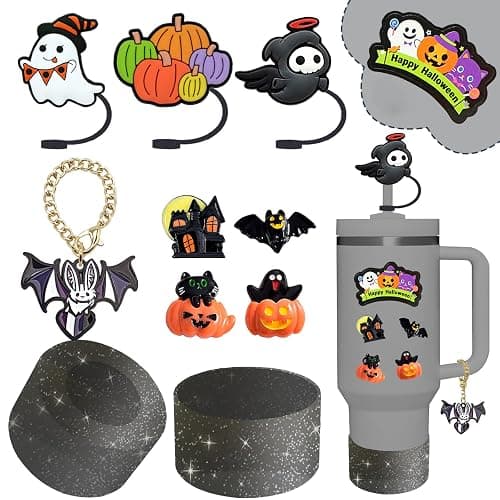 Stanley Cup Accessories Set,Including 3 Pcs 0.4in Halloween Straw Cover, 5 Pcs Halloween 3D&Flat Stickers, 1 Pcs Handle Charm, 1 Silicone Boot Fits Stanley 40&30 Oz Tumbler (Glitter Black) - Image 1