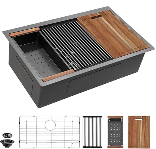 30 Undermount Kitchen Sink Black - Fulorni 30"x19" Kitchen Sink Ledge Workstation Gunmetal Black NANO-PVD 16 Gauge 304 Stainless Steel Under Counter Single Bowl Basin - Image 1