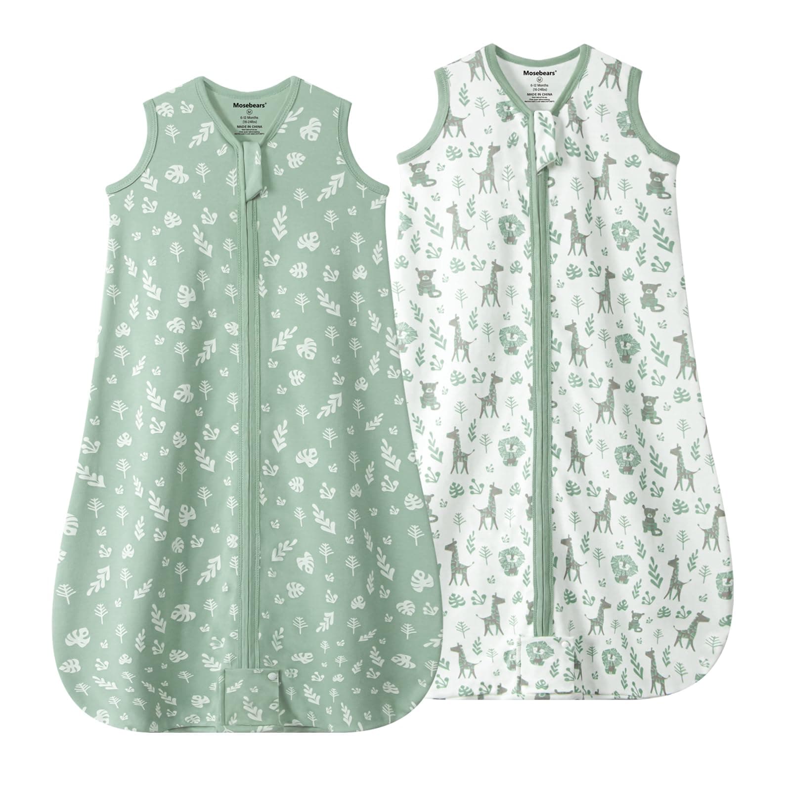 Mosebears Baby Sleeping Bag Summer Sleeping Bag 0.5 Tog Baby Sleeping Bag 100% Cotton Breathable Baby Sleeping Bag (2 Pieces, Green, M (6-12 Months) - M (6 - 12 maanden) - green - Image 1