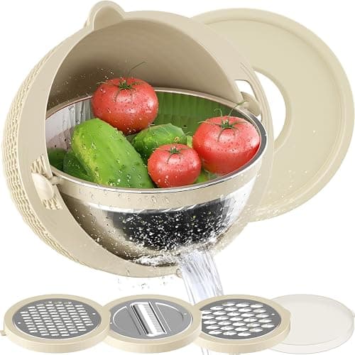 4-1 Colander with Bowl Set - Rotatable Strainers for Kitchen, Food Strainers and Colanders, Funny Presents for Women, Fruit Cleaner, Veggie Wash, Aesthetic Kitchen Gadget Essentials - Beige - Image 1