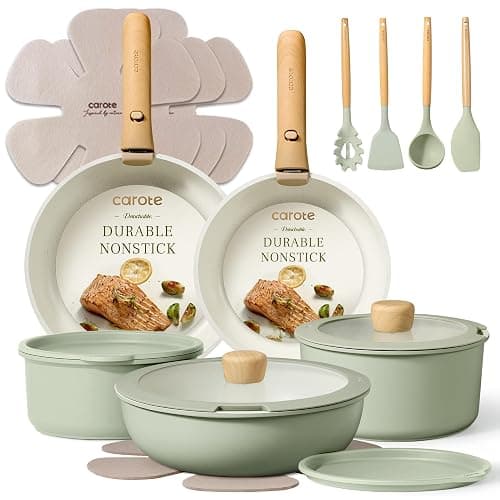 CAROTE Pots and Pans Set, Nonstick Cookware Set Detachable Handle, 19pcs Induction Kitchen Cookware Sets Non Stick with Removable Handle, RV Cookware Set, Oven Safe, Sage Green - Image 1