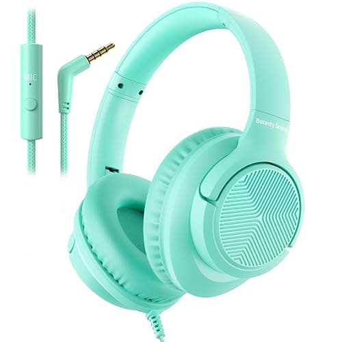 Botesty Sound Headphones Wired with Microphone, Over Ear Foldable 3.5mm Plug in Headphones Corded with 4.9ft Tangle-Free Nylon Cord for Tablet, Laptop, MP3/4, School, Airplane Travel (Green) - Image 1