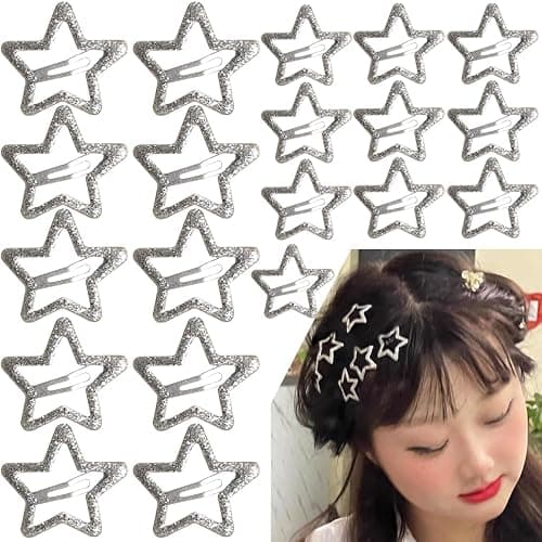 20 PCS Sparkling 1.22" and 1.65"Star Hair Clips Snap Hair Accessories Non Slip Clips for Girls Women Y2K Accessories Silver Metal Hair Clip Hair Barrettes - Silver sparkling - Image 1