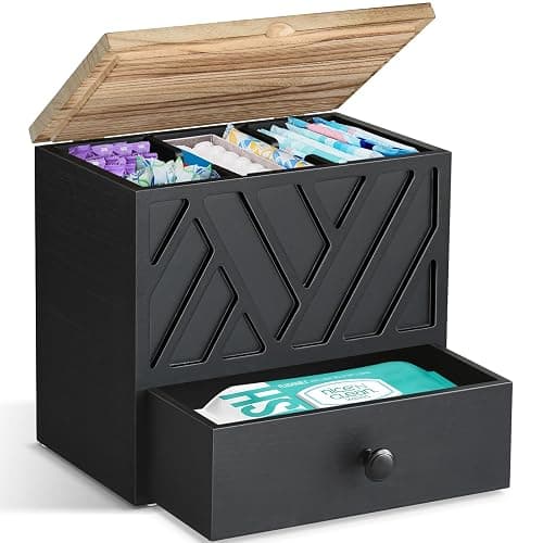Tampon Holder for Bathroom Decor, Feminine Product Organizer with Lid and Drawer, Shark Week Tampon Storage, Wood Pad and Tampon Organizer for Toilet Organizer, Bathroom Accessories Box for Girl Stuff - Image 1