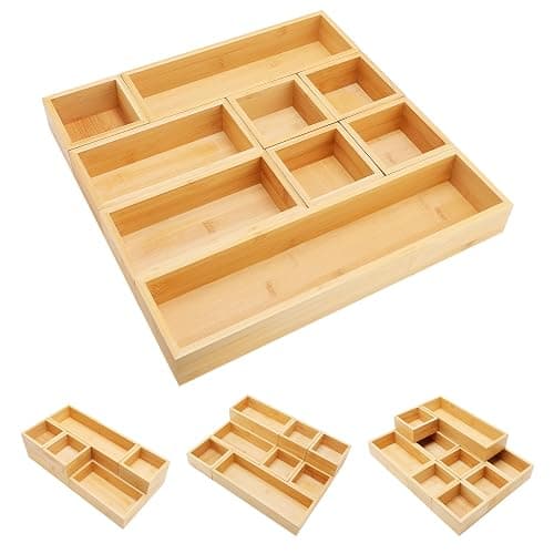 Bamboo Drawer Organizer Set, 9 PCS Multi-Use Individual Wood Storage Organizers, Junk Drawer Divider and Storage Trays Containers for Kitchen, Bathroom, Office Desk, Makeup, Jewelry, Utensils - Image 1
