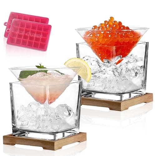 USEEKRIL Caviar Serving Set,Stemless Martini Glasses Set of 2 with Caviar Chiller - Martini Glass with Dip Chiller Caviar Bowl - Elegant Bar Cocktail Glasses Gift Set for Manhattan,Margarita,Martini - Image 1