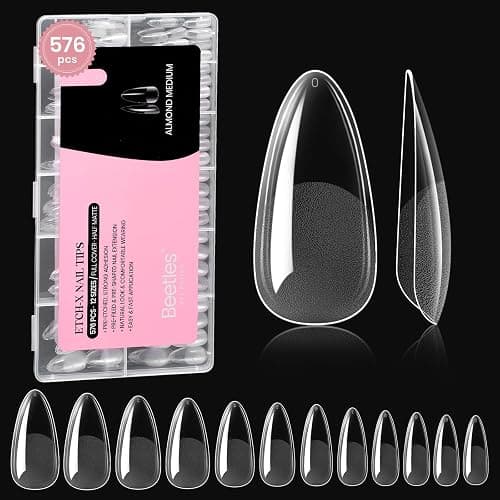 Beetles Medium Almond Nail Tips 576pcs 12 Sizes, Pre-Etched Soft Gel Nail Tips Half Matte Full Cover False Nail Tips Clear Acrylic Nails Glue on Nails DIY Nail Extension Gift for Women - Image 1