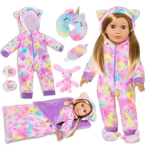 American 18" Doll Clothes and Sleep Bag Accessories,Sleepover Outfit Set Fits 18 Inch Dolls Include Rainbow Costume,Unicorn Style Pillow,Eye Mask,Shoes,Animal Toy Gifts for Girls (No Doll) - Image 1
