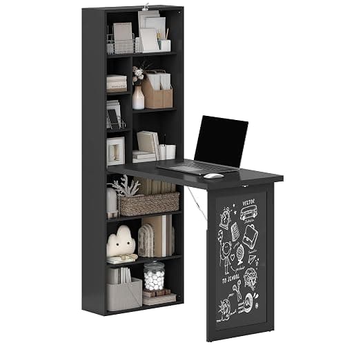 HOMCOM Fold-Out Convertible Writing Table, Computer Desk with Blackboard and Side Shelf Multi-Function Home Office Workstation, Black - Image 1