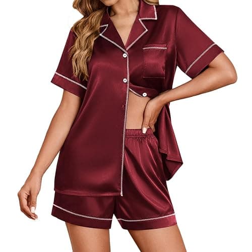 Ekouaer Womens Satin Silk Pajamas Set Short Sleeve Sleepwear Button Down Top and Shorts Loungewear 2 Piece Pjs Set S-XXL - Image 1