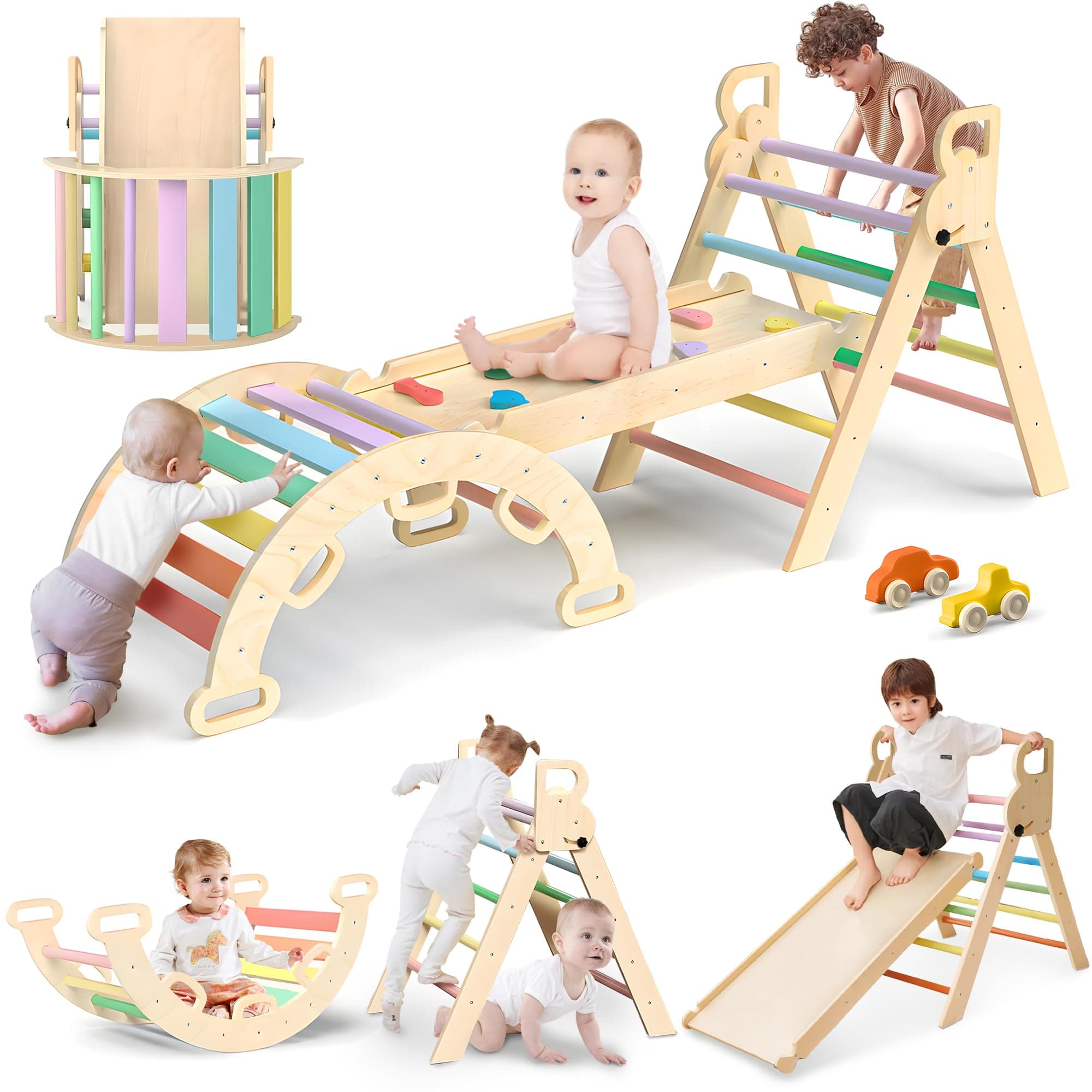 Kids Triangle Climbing Toys Set 7 in 1 Foldable Toddler Wooden Climbing Toys with Arch Ramp Ladder Baby Climber Indoor Jungle Gyms for Toddlers - Rainbow - Image 1